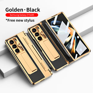 Luxury Leather Magnetic Bracket Shell Electroplated Phone Case For Galaxy Z Fold3/4/5/6 With Back Screen Glass