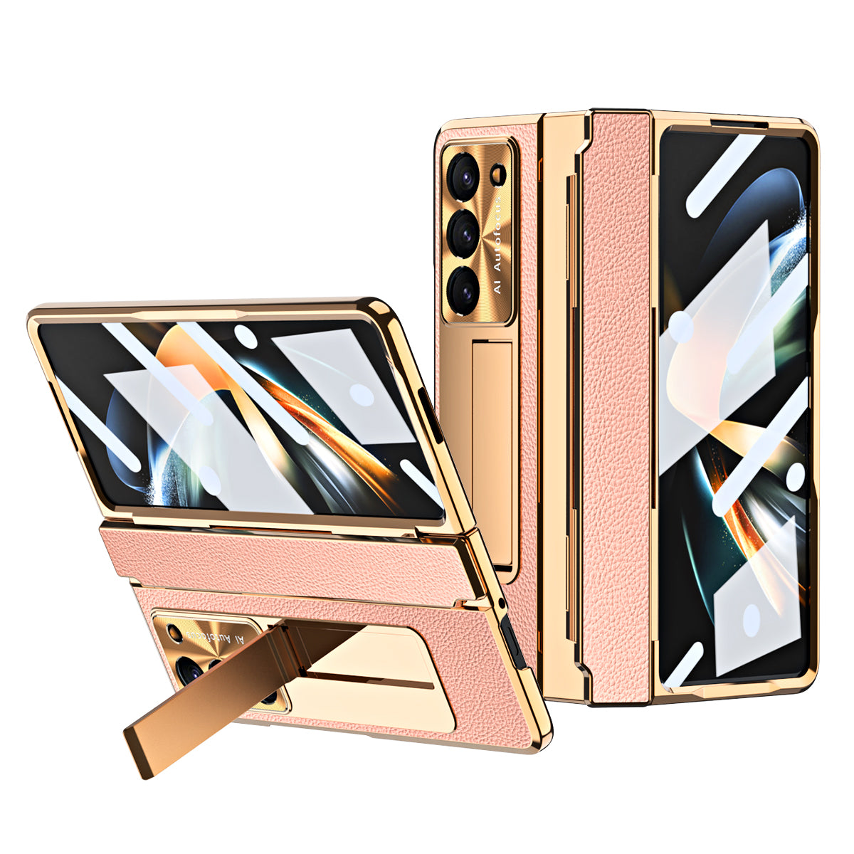 Luxury Leather Magnetic Bracket Shell Electroplated Phone Case For Galaxy Z Fold3/4/5/6 With Back Screen Glass