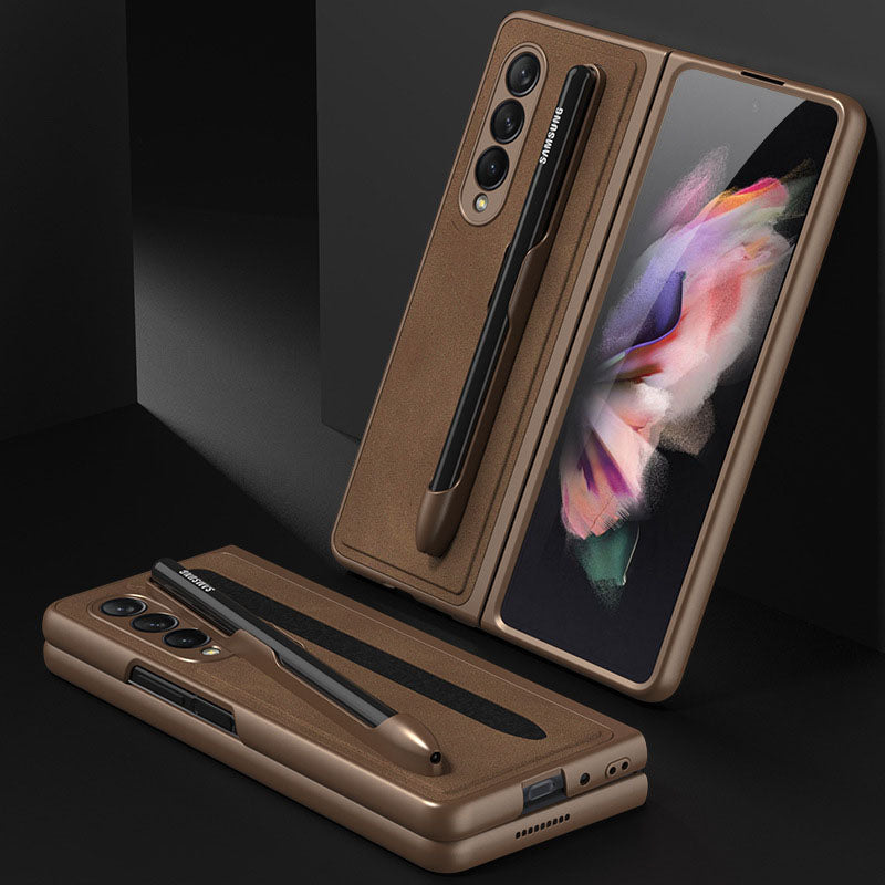 High-end Leather All-inclusive Cover with Card Package, Pen Holder and Stand For Samsung Z Fold3