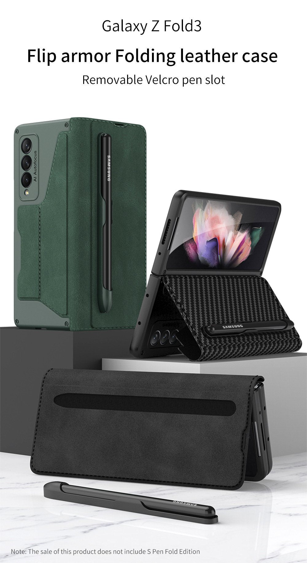 High-end Leather All-inclusive Cover with Card Package, Pen Holder and Stand For Samsung Z Fold3