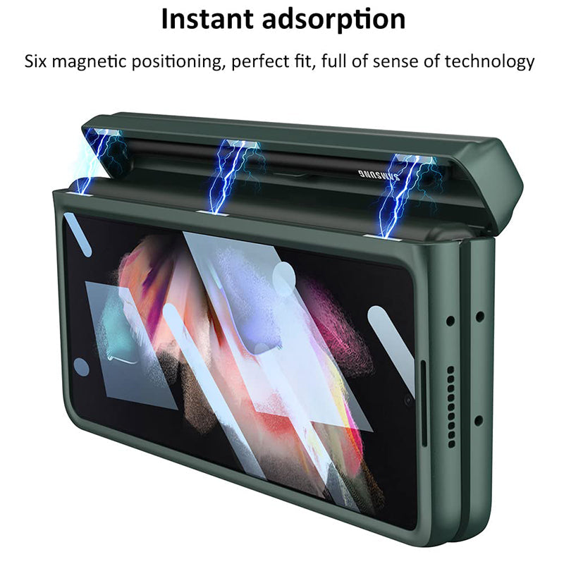 For Samsung Z Fold3 Magnetic Hinge Stand Full Shell Film, Pen Case Phone Case