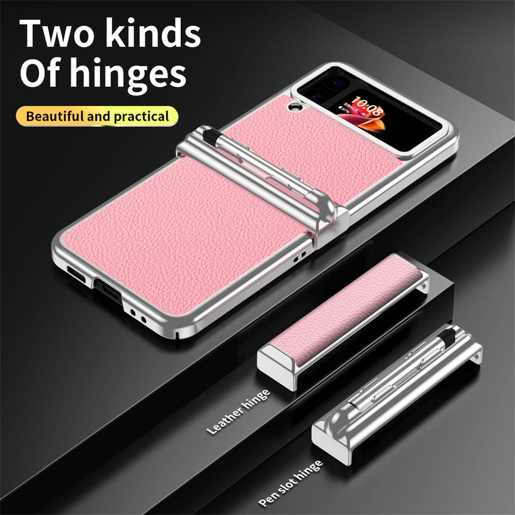 Zflip3/4 Electroplated Plain Leather Hinge With Spen Stylus All Inclusive Phone Case