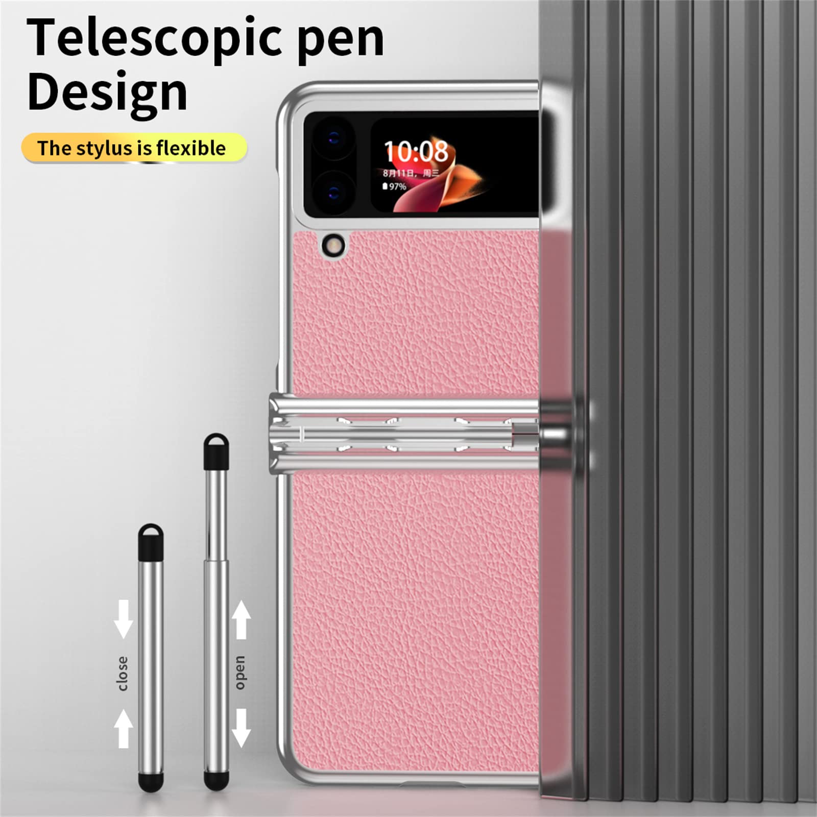 Zflip3/4 Electroplated Plain Leather Hinge With Spen Stylus All Inclusive Phone Case